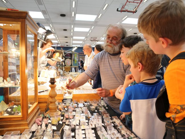 Kinder betrachten mit einem Sachverstädigen Auslagen einer Mineralienbörse