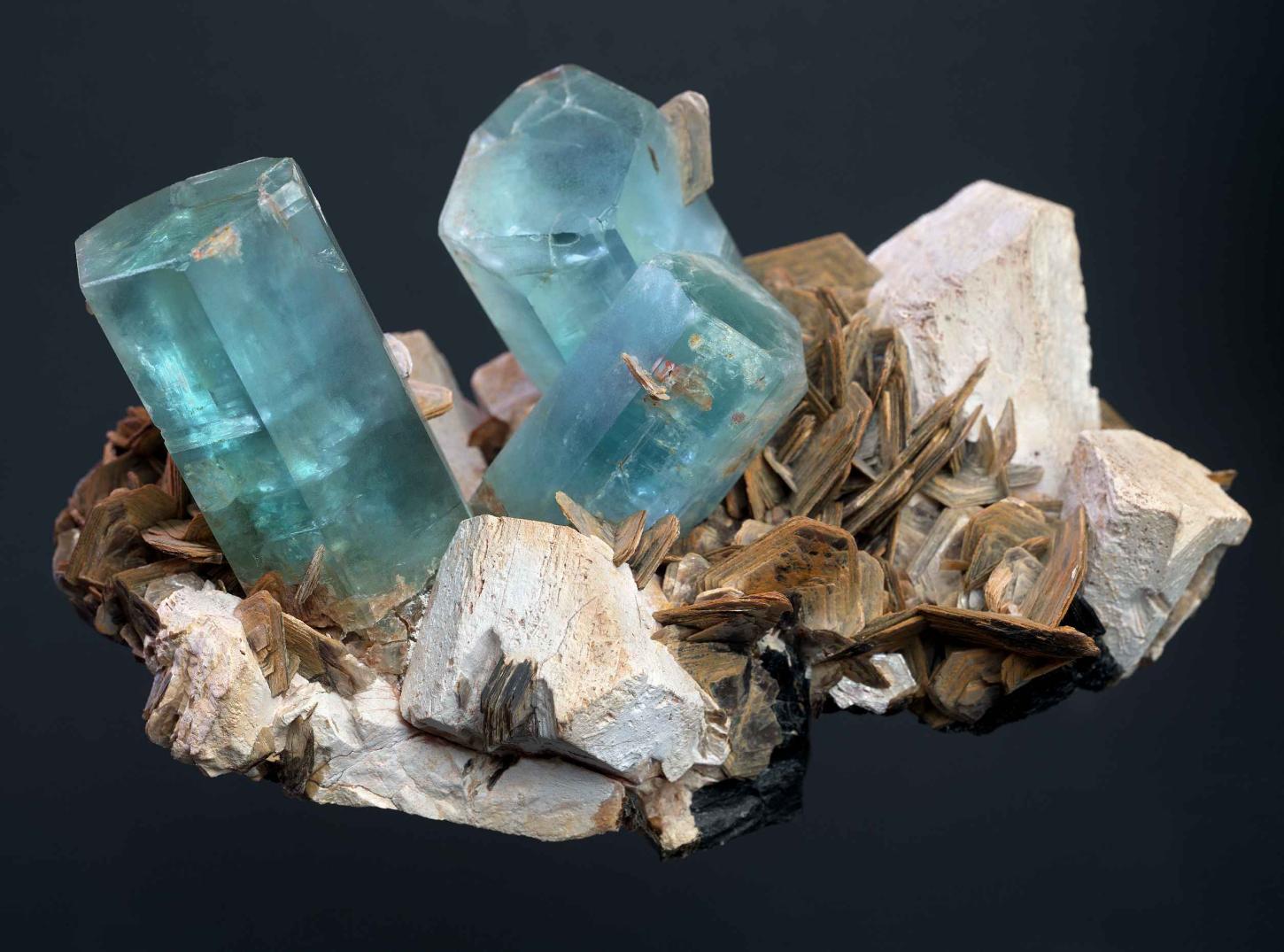 drei himmelblaue Aquamarinkristalle stehen als lange Prismen auf blättrigem braunen Muskovitkristallen sowie blockigen hell beigen Feldspäten