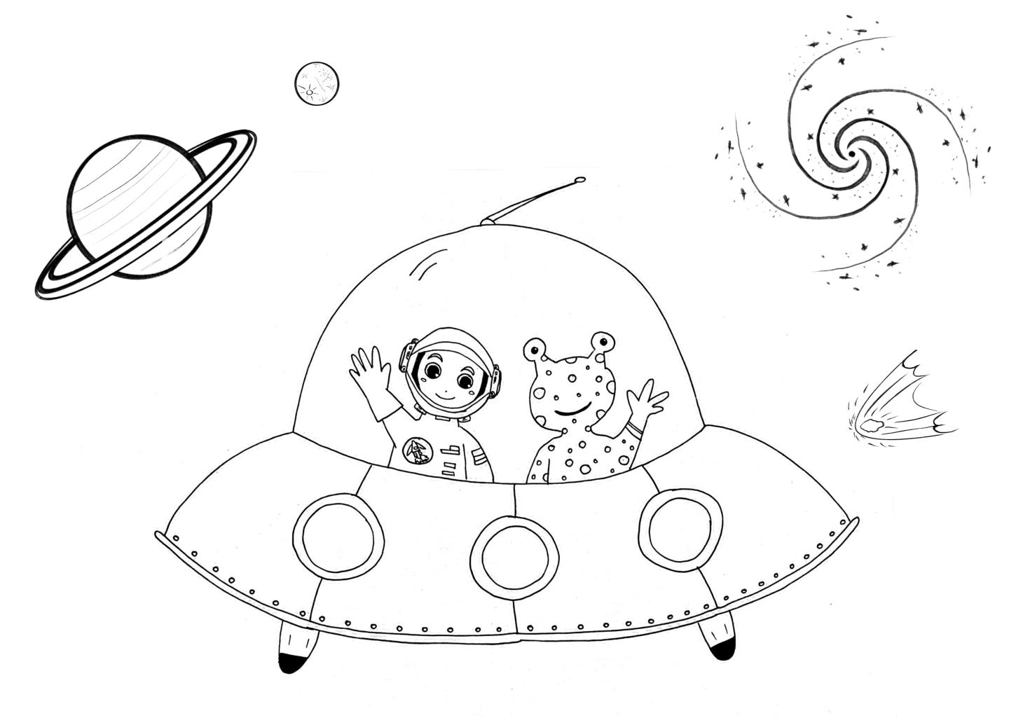 Ein Ufo mit Astronaut und Alien fliegt durch das Weltall. Im Hintergrund ist ein Planet mit Mond, Komet und Galaxie.